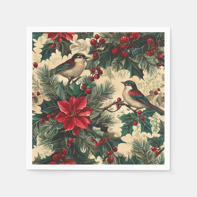 Rustic Bird and Poinsettia Christmas Pattern (13) Napkin (Front)
