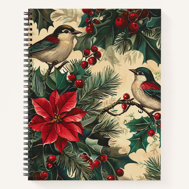 Rustic Bird and Poinsettia Christmas Pattern (13) Notebook (Front)