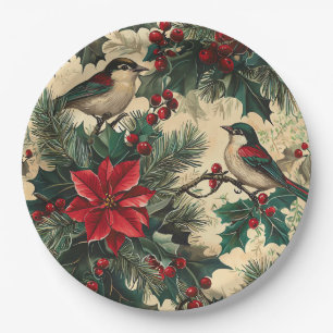 Rustic Bird and Poinsettia Christmas Pattern (13) Paper Plate