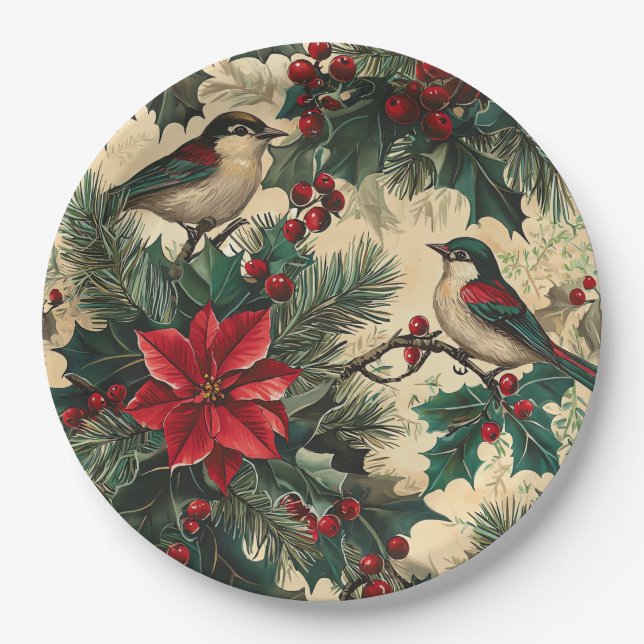 Rustic Bird and Poinsettia Christmas Pattern (13) Paper Plate (Front)