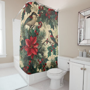 Rustic Bird and Poinsettia Christmas Pattern (13) Shower Curtain
