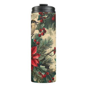 Rustic Bird and Poinsettia Christmas Pattern (13) Thermal Tumbler