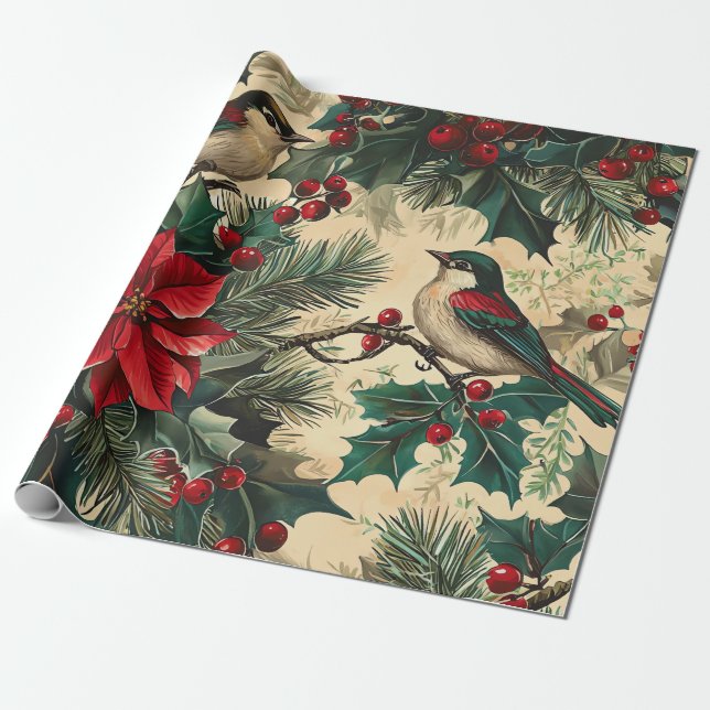 Rustic Bird and Poinsettia Christmas Pattern (13) Wrapping Paper (Unrolled)