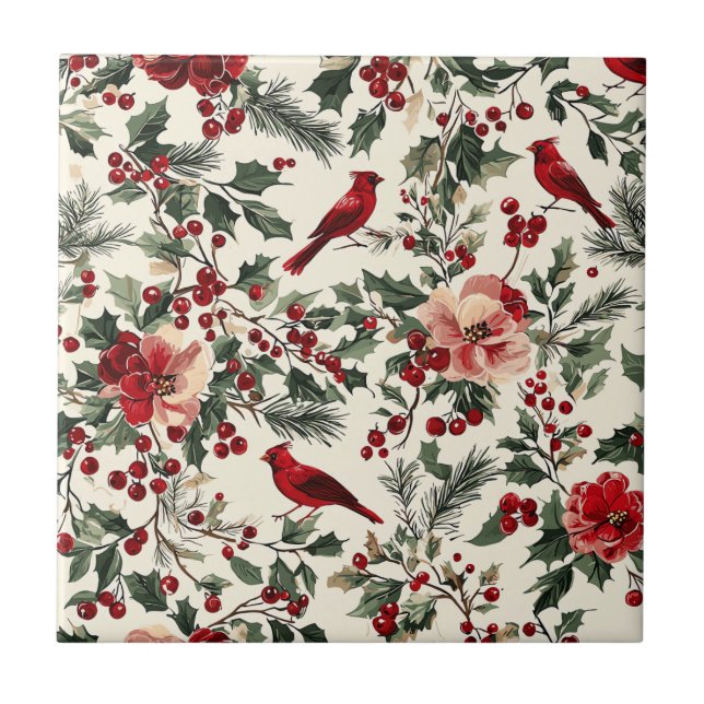 Rustic Bird and Poinsettia Christmas Pattern (14)  Ceramic Tile (Front)