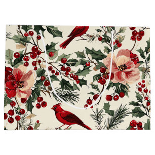 Rustic Bird and Poinsettia Christmas Pattern (14) Large Gift Bag