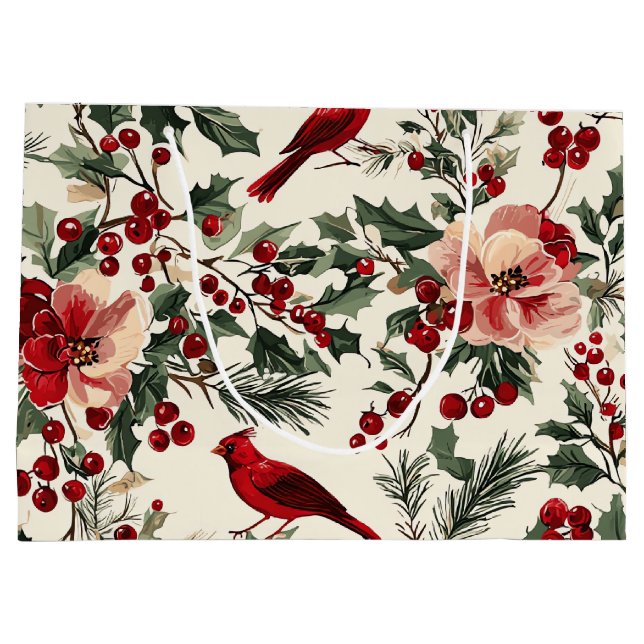Rustic Bird and Poinsettia Christmas Pattern (14) Large Gift Bag (Back)