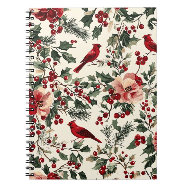 Rustic Bird and Poinsettia Christmas Pattern (14) Notebook (Front)