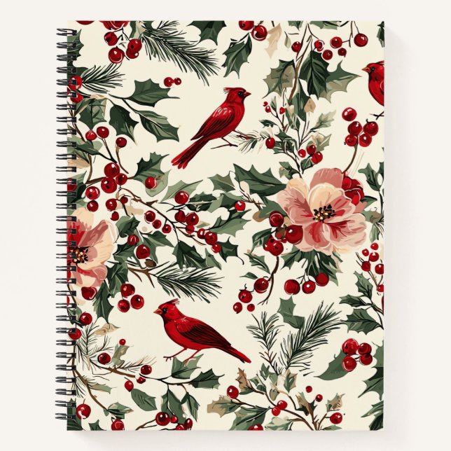 Rustic Bird and Poinsettia Christmas Pattern (14) Notebook (Front)