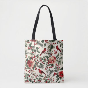 Rustic Bird and Poinsettia Christmas Pattern (14) Tote Bag