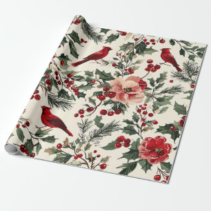 Rustic Bird and Poinsettia Christmas Pattern (14) Wrapping Paper
