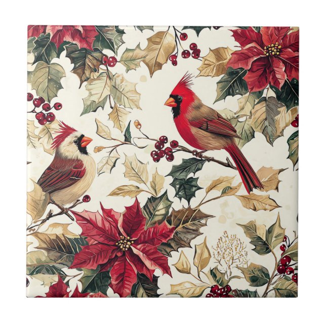 Rustic Bird and Poinsettia Christmas Pattern (15)  Ceramic Tile (Front)
