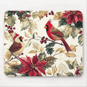 Rustic Bird and Poinsettia Christmas Pattern (15) Mouse Pad