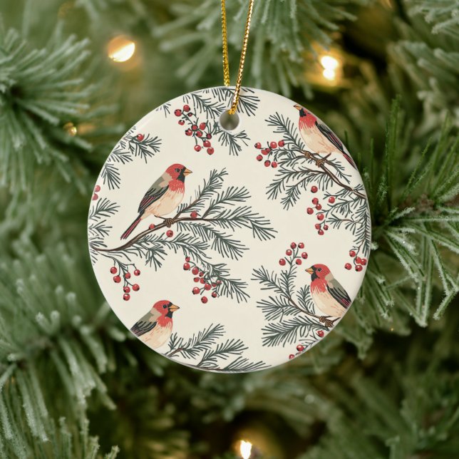 Rustic Bird and Poinsettia Christmas Pattern (16) Ceramic Ornament (Tree)