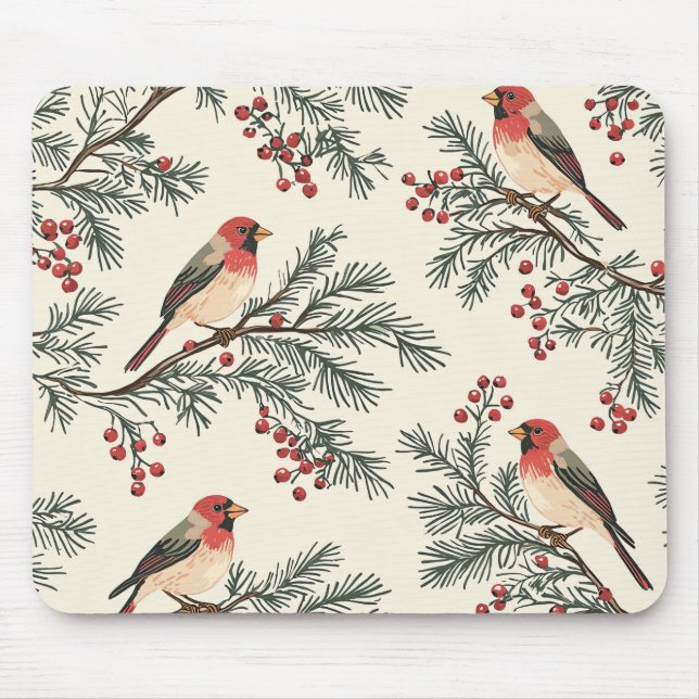 Rustic Bird and Poinsettia Christmas Pattern (16) Mouse Pad (Front)