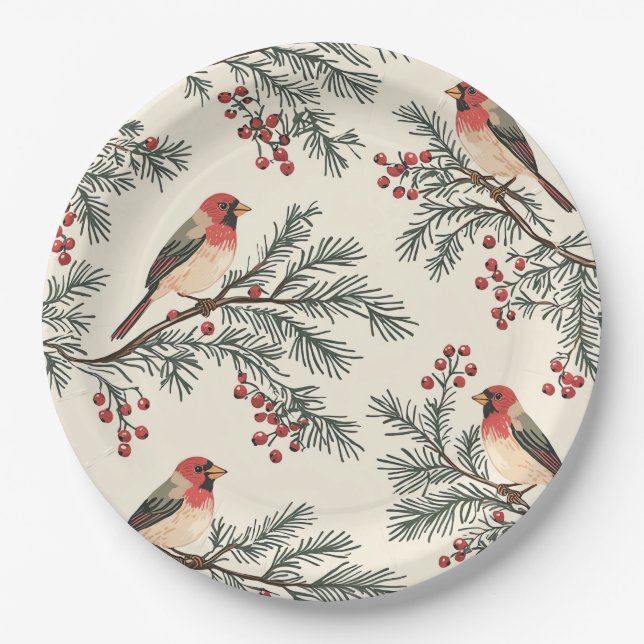 Rustic Bird and Poinsettia Christmas Pattern (16) Paper Plate (Front)