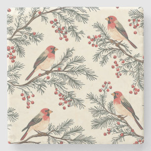 Rustic Bird and Poinsettia Christmas Pattern (16) Stone Coaster