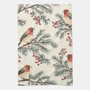 Rustic Bird and Poinsettia Christmas Pattern (16) Tea Towel