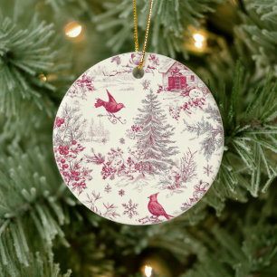 Rustic Bird and Poinsettia Christmas Pattern (17) Ceramic Ornament