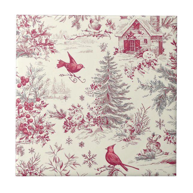 Rustic Bird and Poinsettia Christmas Pattern (17)  Ceramic Tile (Front)