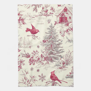 Rustic Bird and Poinsettia Christmas Pattern (17) Tea Towel