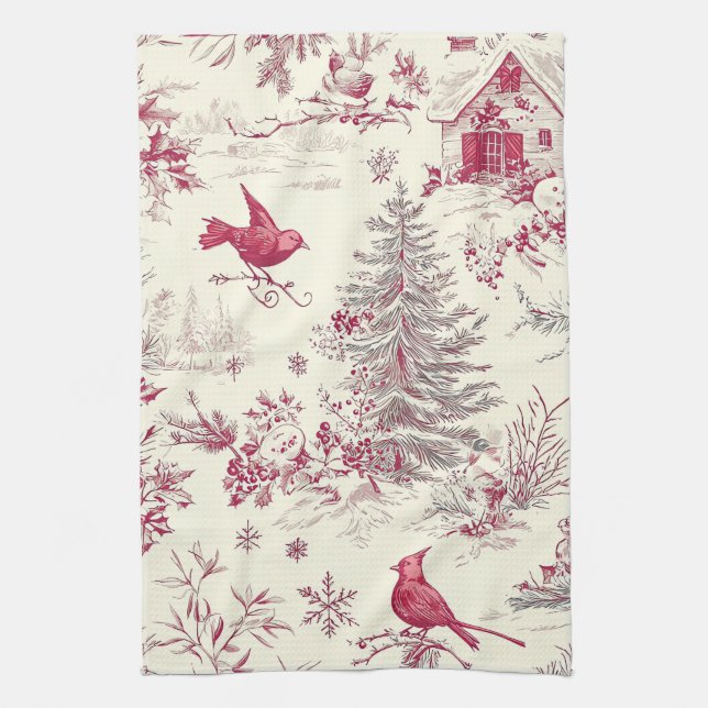 Rustic Bird and Poinsettia Christmas Pattern (17) Tea Towel (Vertical)