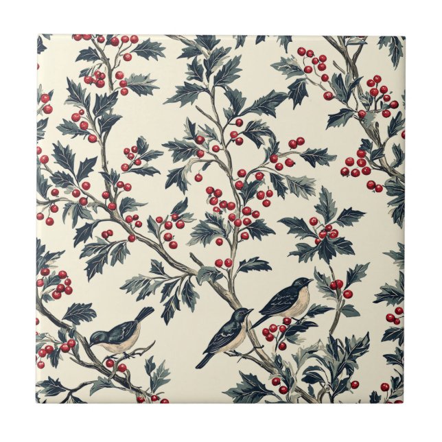 Rustic Bird and Poinsettia Christmas Pattern (18)  Ceramic Tile (Front)