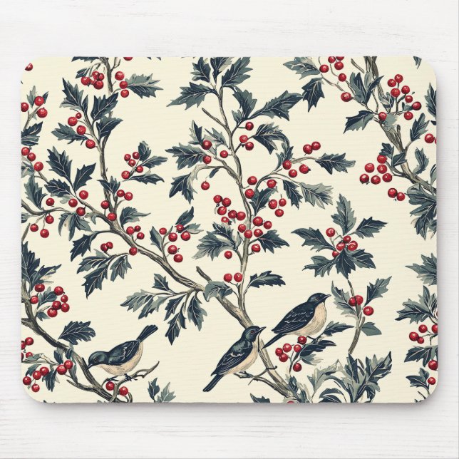 Rustic Bird and Poinsettia Christmas Pattern (18) Mouse Pad (Front)