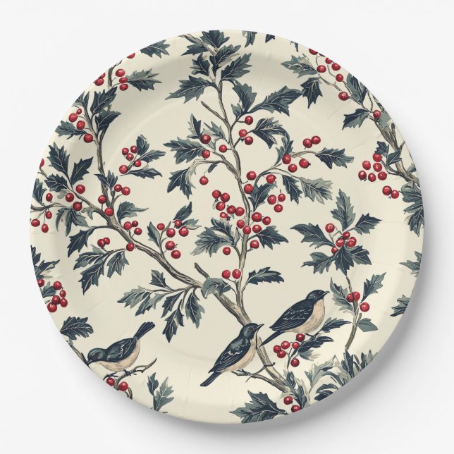 Rustic Bird and Poinsettia Christmas Pattern (18) Paper Plate (Front)