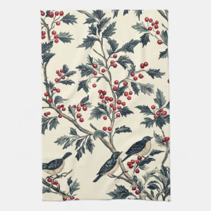 Rustic Bird and Poinsettia Christmas Pattern (18) Tea Towel