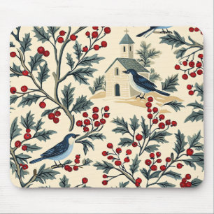 Rustic Bird and Poinsettia Christmas Pattern (19) Mouse Pad