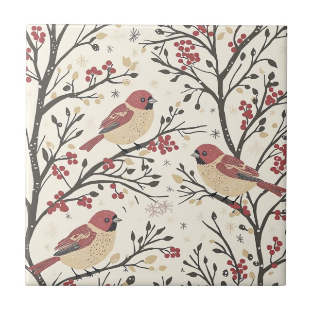 Rustic Bird and Poinsettia Christmas Pattern (1)  Ceramic Tile (Front)