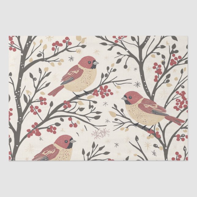 Rustic Bird and Poinsettia Christmas Pattern (1) Tissue Paper (Front)