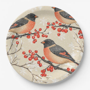 Rustic Bird and Poinsettia Christmas Pattern (20) Paper Plate
