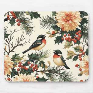 Rustic Bird and Poinsettia Christmas Pattern (21) Mouse Pad