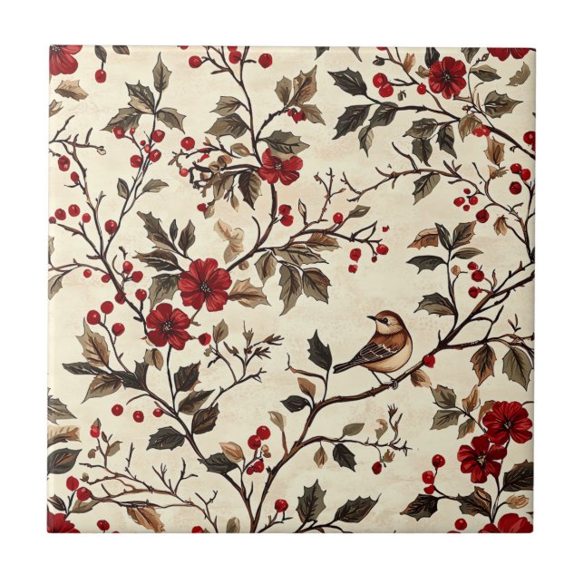 Rustic Bird and Poinsettia Christmas Pattern (22)  Ceramic Tile (Front)