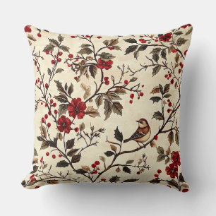 Rustic Bird and Poinsettia Christmas Pattern (22) Cushion