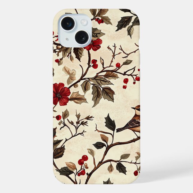 Rustic Bird and Poinsettia Christmas Pattern (22) iPhone Case (Back)