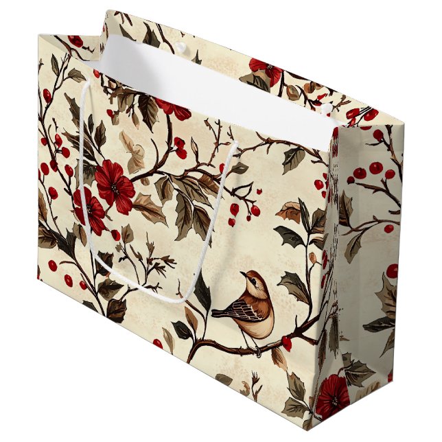 Rustic Bird and Poinsettia Christmas Pattern (22) Large Gift Bag (Front Angled)