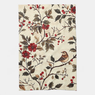 Rustic Bird and Poinsettia Christmas Pattern (22) Tea Towel