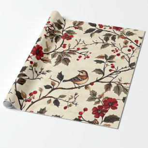 Rustic Bird and Poinsettia Christmas Pattern (22) Wrapping Paper