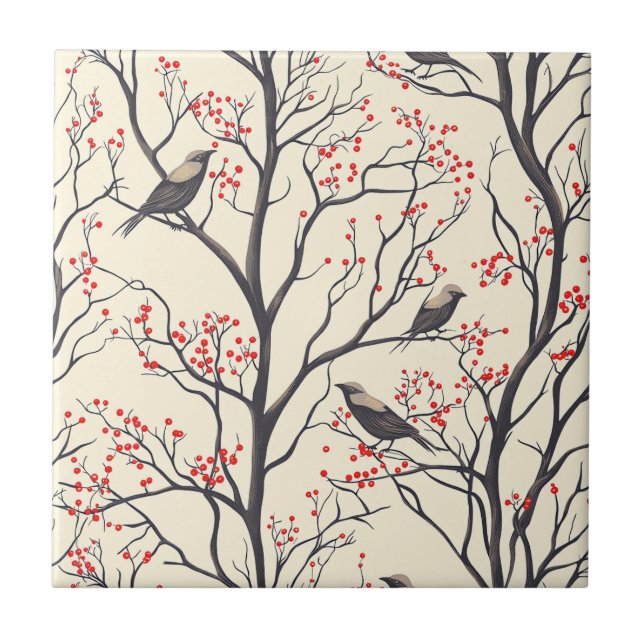 Rustic Bird and Poinsettia Christmas Pattern (4)  Ceramic Tile (Front)