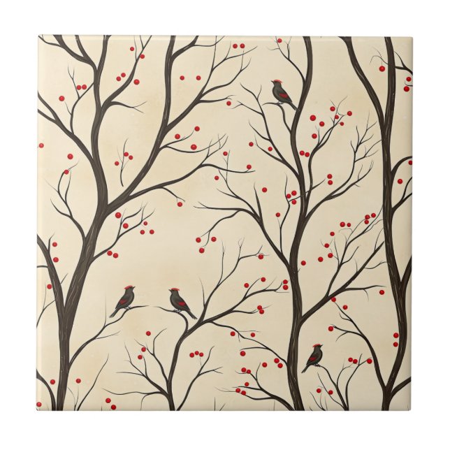 Rustic Bird and Poinsettia Christmas Pattern (5)  Ceramic Tile (Front)