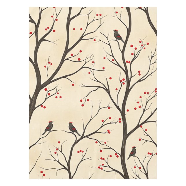 Rustic Bird and Poinsettia Christmas Pattern (5) Tablecloth (Front)