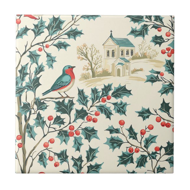Rustic Bird and Poinsettia Christmas Pattern (7)  Ceramic Tile (Front)