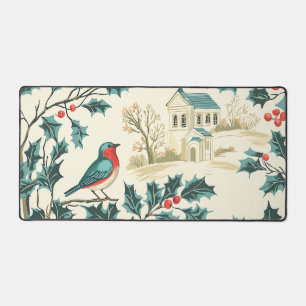 Rustic Bird and Poinsettia Christmas Pattern (7) Desk Mat