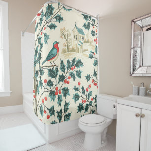 Rustic Bird and Poinsettia Christmas Pattern (7) Shower Curtain