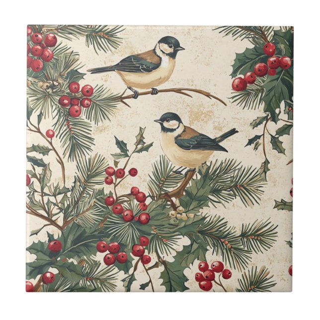Rustic Bird and Poinsettia Christmas Pattern (8)  Ceramic Tile (Front)