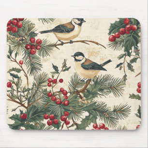 Rustic Bird and Poinsettia Christmas Pattern (8) Mouse Pad