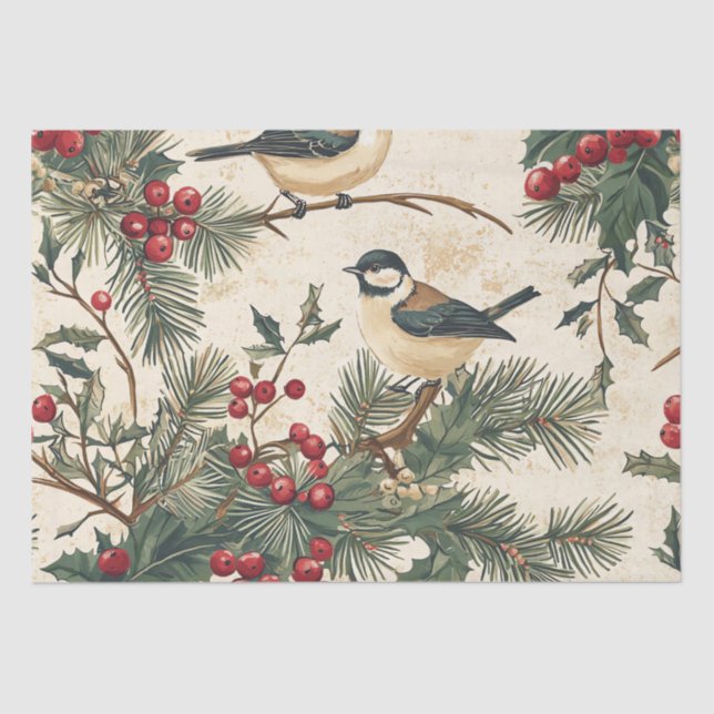Rustic Bird and Poinsettia Christmas Pattern (8) Tissue Paper (Front)