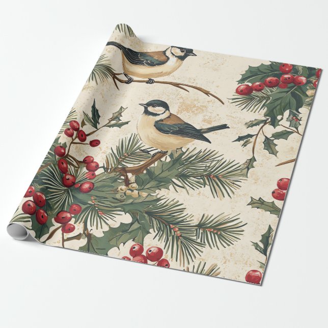 Rustic Bird and Poinsettia Christmas Pattern (8) Wrapping Paper (Unrolled)